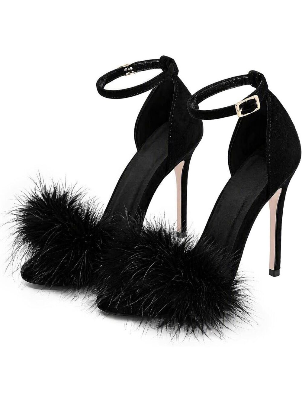 Women's Open Toe Ankle Strap Fluffy Feather Stiletto High Heel Dress Sandal W455